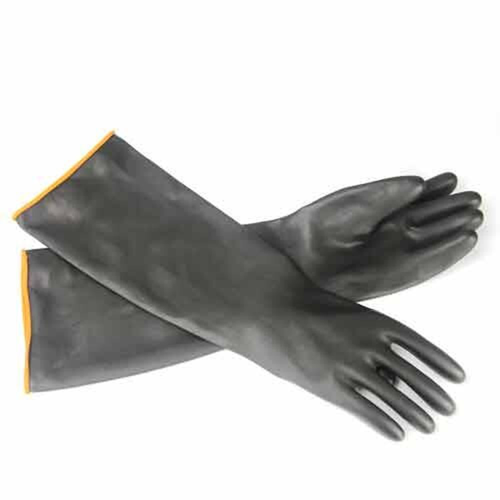 Svarte, robuste 55 cm lange bryggehansker i gummi med oransje kant, one-size, 300g.