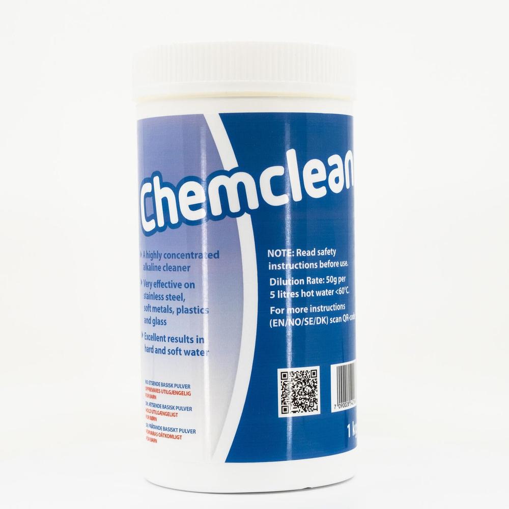 Chemclean 2 kg kraftig basisk vaskemiddel i hvit beholder med blå etikett.