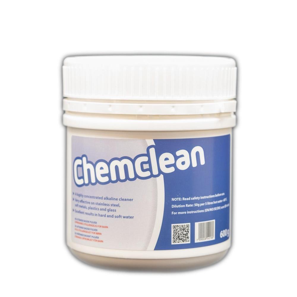 Chemclean 600g kraftig alkalisk rengjøringsmiddel i hvit plastboks med blå etikett.