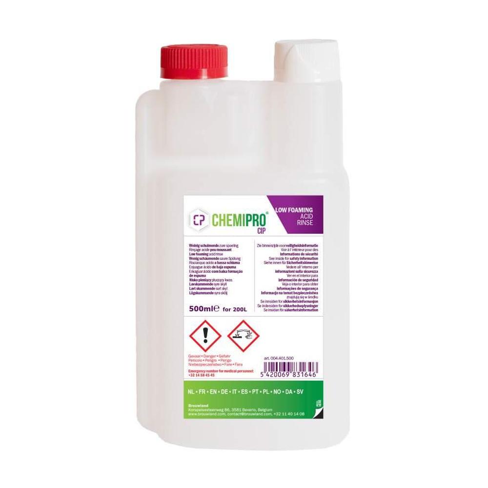 Hvit Chemipro CIP 1000 ml desinfiseringsmiddel flaske med rød kork, lavskummende syrebasert skyllemiddel.