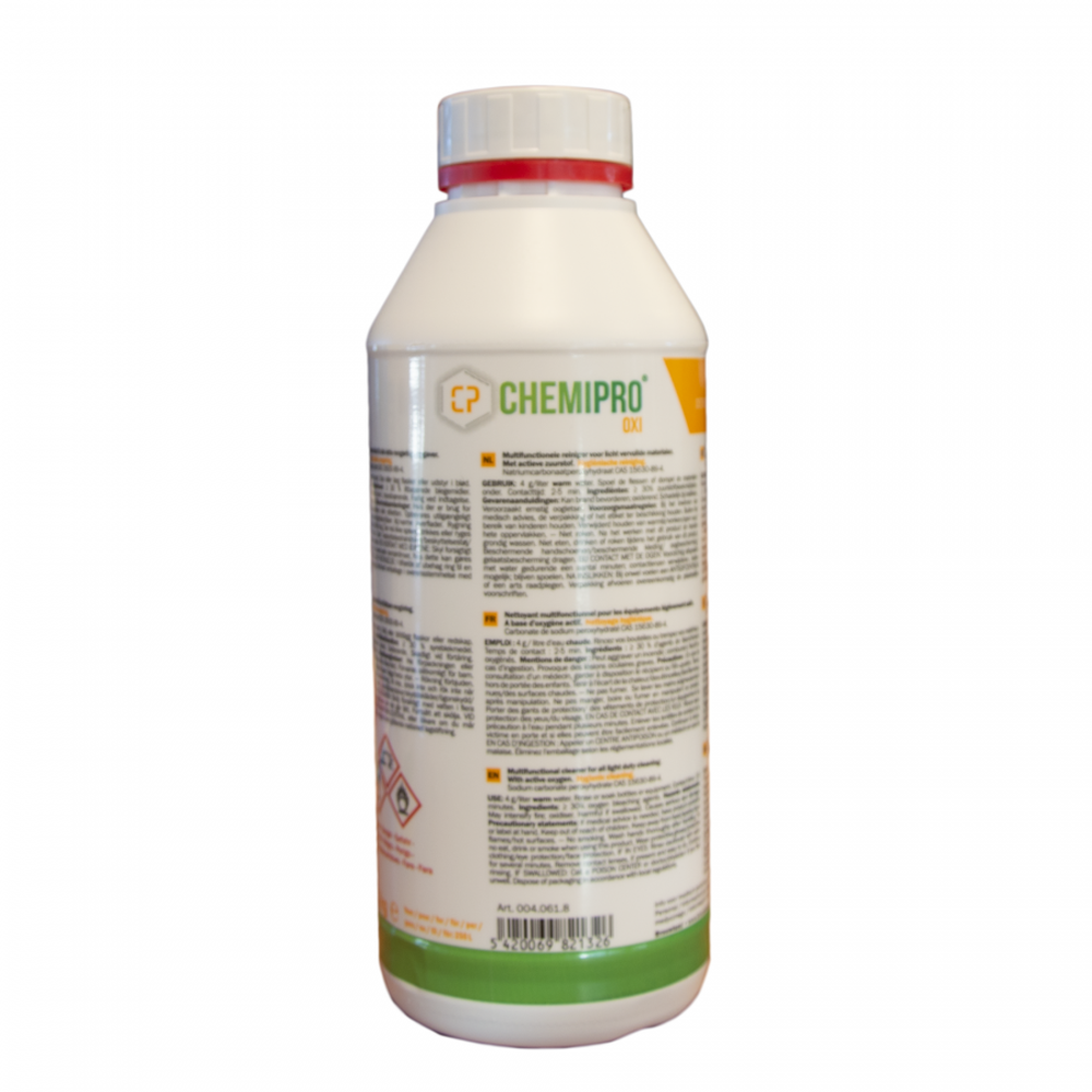 Chemipro OXI 1 kg rengjøringsmiddel i hvit flaske med rød og hvit kork.
