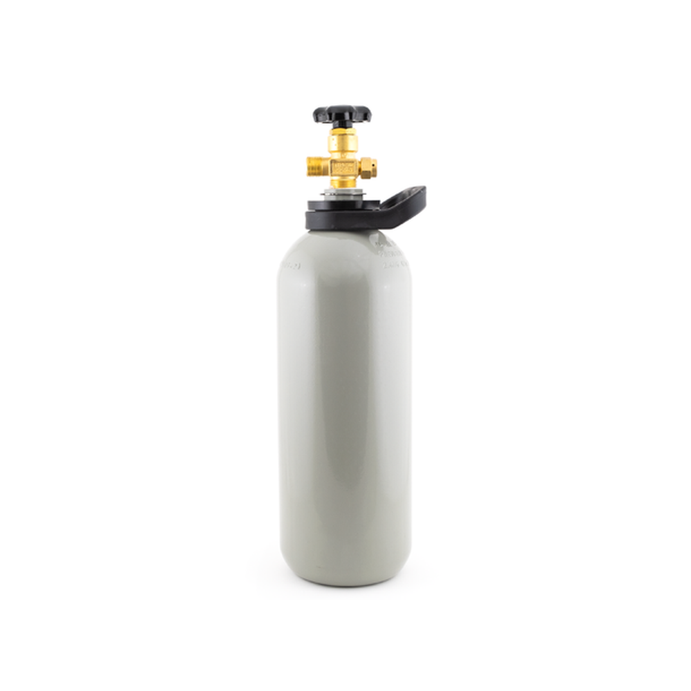 Grå CO2 flaske 2,6 kg med messingventil og sort løftehåndtak for hjemmebrygging.