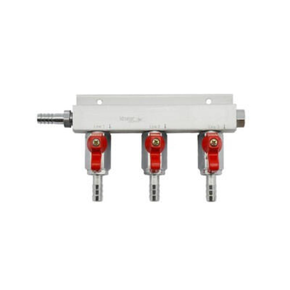 Sølvfarget CO2 manifold i metall med 3 røde kuleventiler og 3/8'' gjenger.