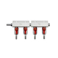 Sølvfarget CO2 manifold med 4 utganger og røde kraner, 3/8" gjenger.