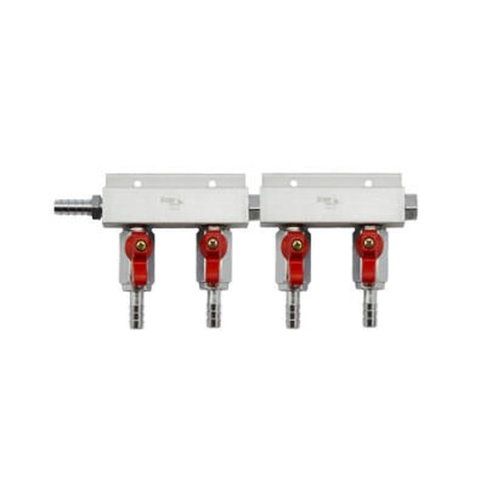 Sølvfarget CO2 manifold med 4 utganger og røde kraner, 3/8" gjenger.
