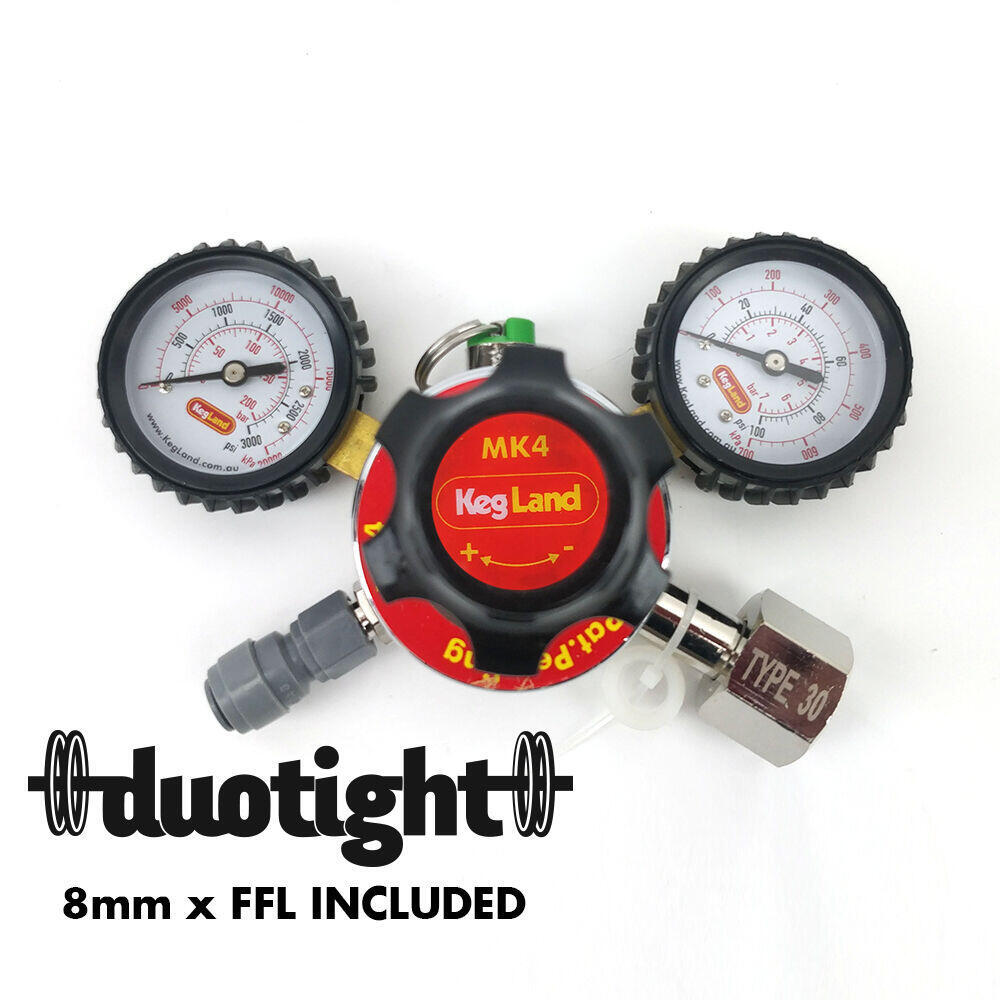 KegLand MK4 CO2 regulator med to manometere og DuoTight 8mm overgang.