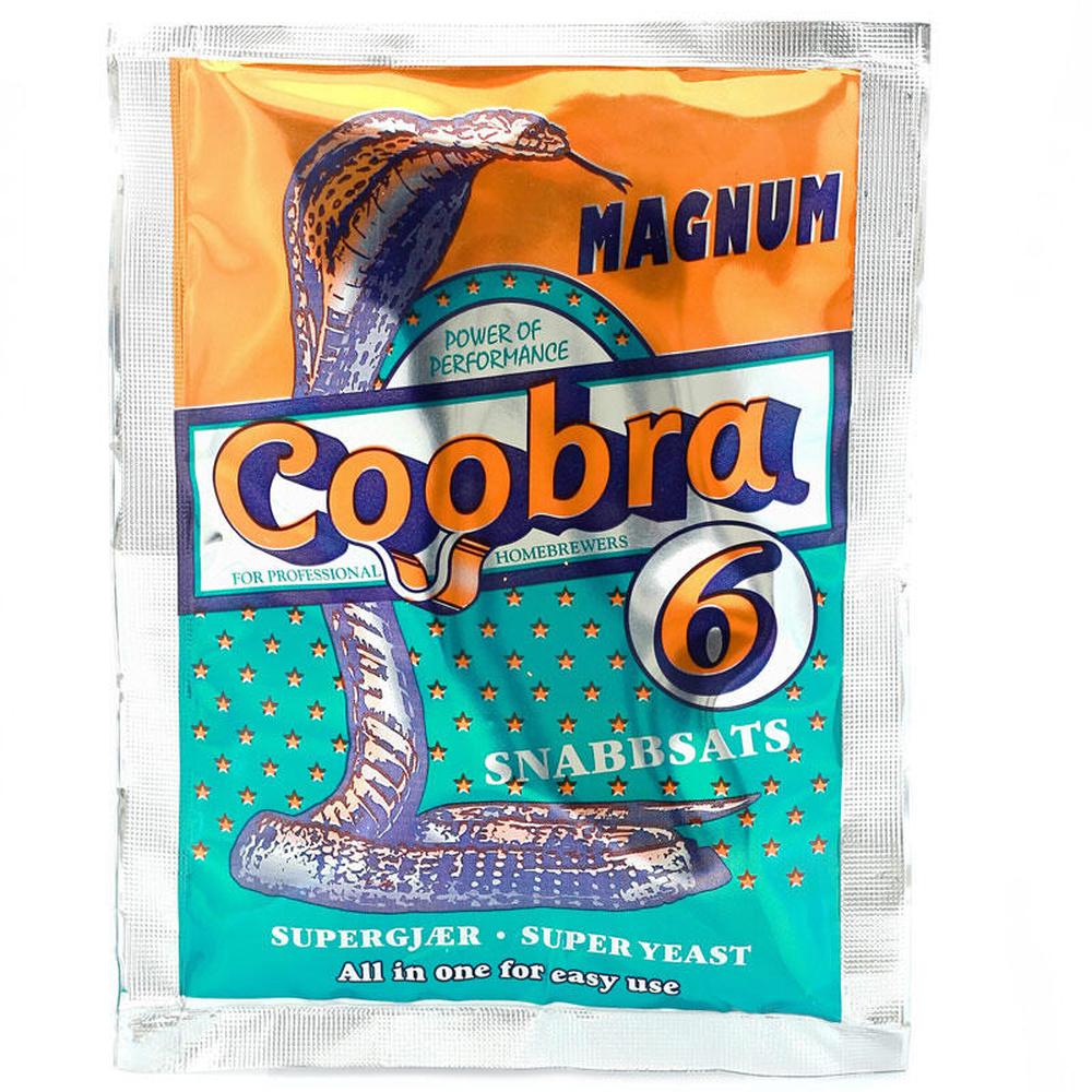Coobra 6 Magnum turbogjær i oransje og turkis pose med kobra-design.