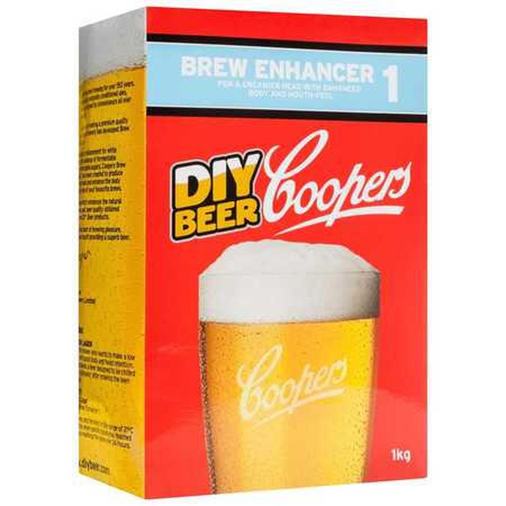 Coopers Brew Enhancer 1, rød og hvit eske med ølglass, 1 kg – hjemmebrygg
