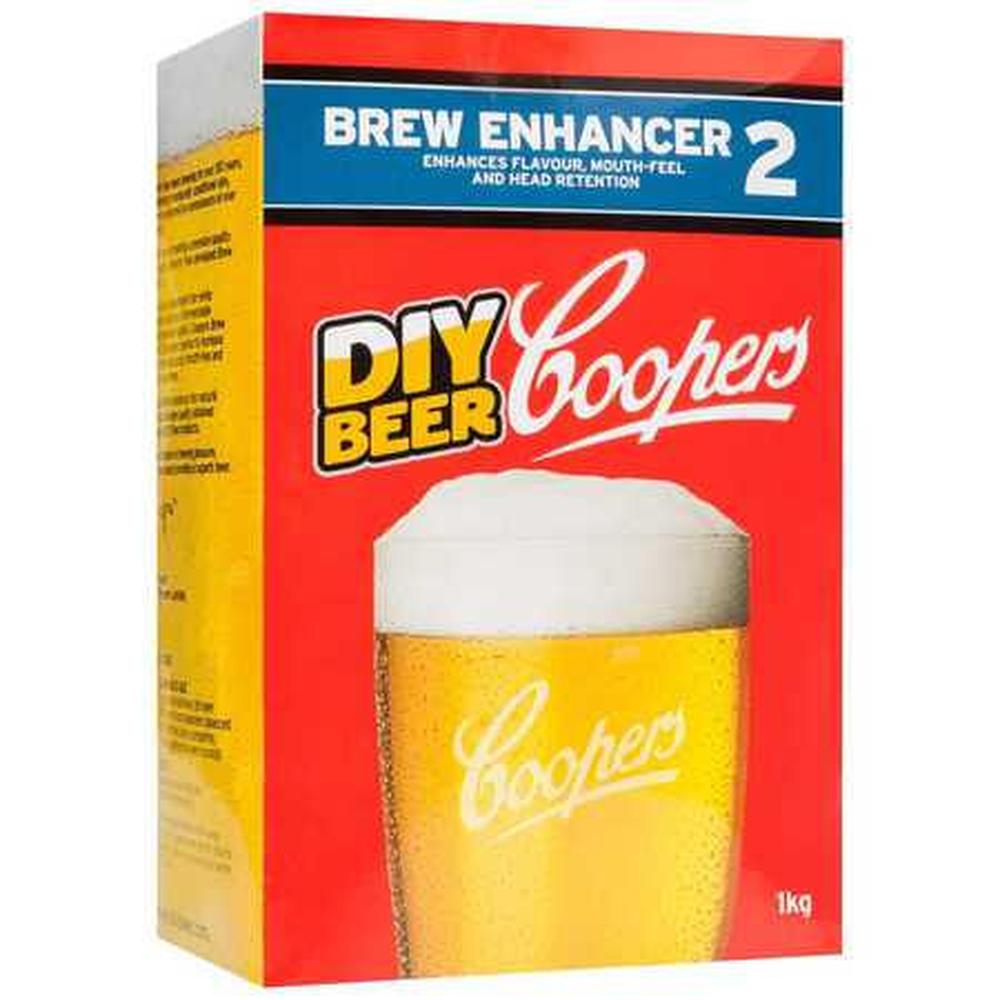 Coopers Brew Enhancer 2, rød og gul eske med ølglass, 1 kg – hjemmebrygg