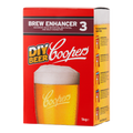 Coopers Brew Enhancer 3, rød og hvit 1 kg pakke med ølglass.