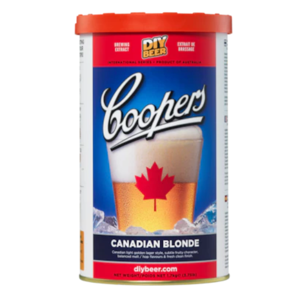 Coopers Canadian Blonde ølsett 1.7kg for hjemmebrygging, med bilde av ølglass og lønneblad.