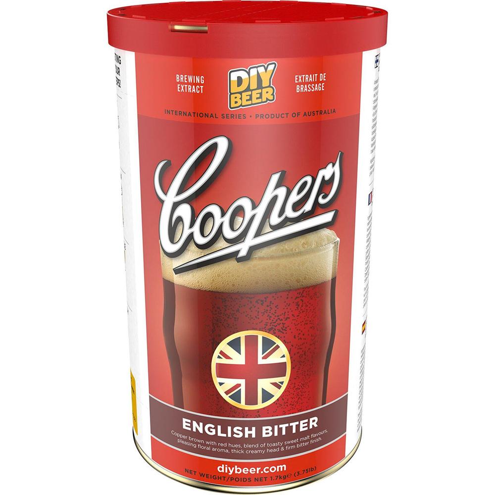 Coopers English Bitter ølsett 1.7kg for 23L hjemmebrygg, rød og hvit boks.