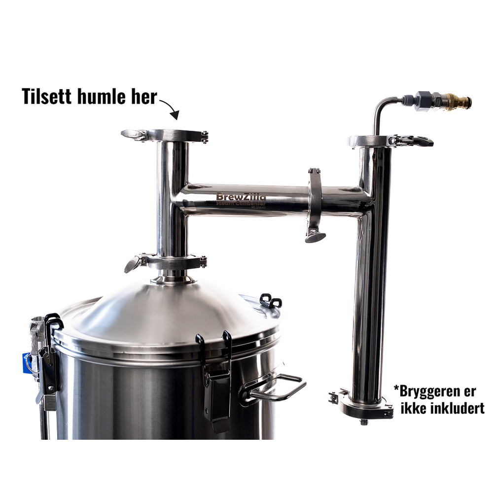 Dampkondensator i rustfritt stål til Grainfather G30/Brewzilla med lokk og slangekobling.