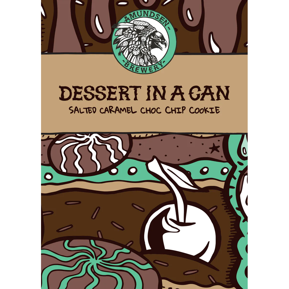 Amundsen "Dessert in a Can" Salted Caramel Choc Chip Cookie ølsett 20L, med dessertinspirert design.