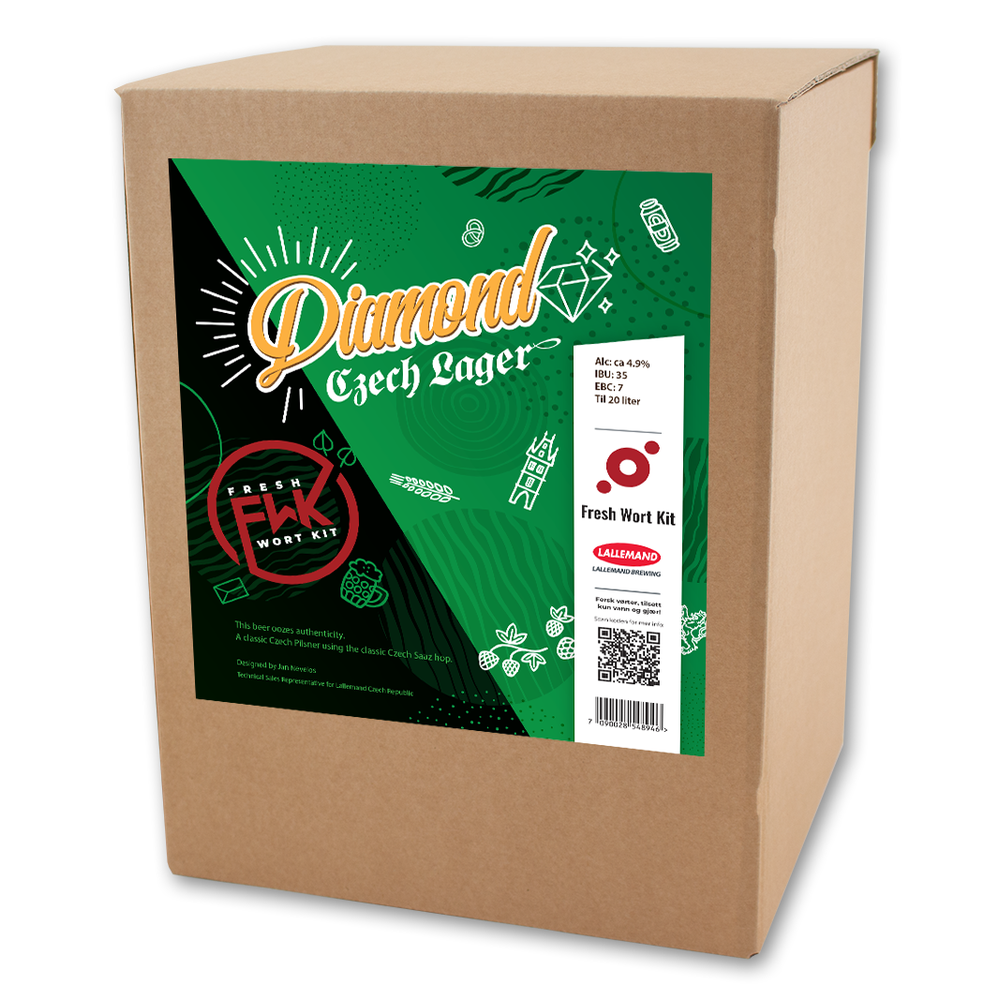 Diamond Czech Lager Fresh Wort Kit i pappeske for 20L øl, med grønn og svart etikett.
