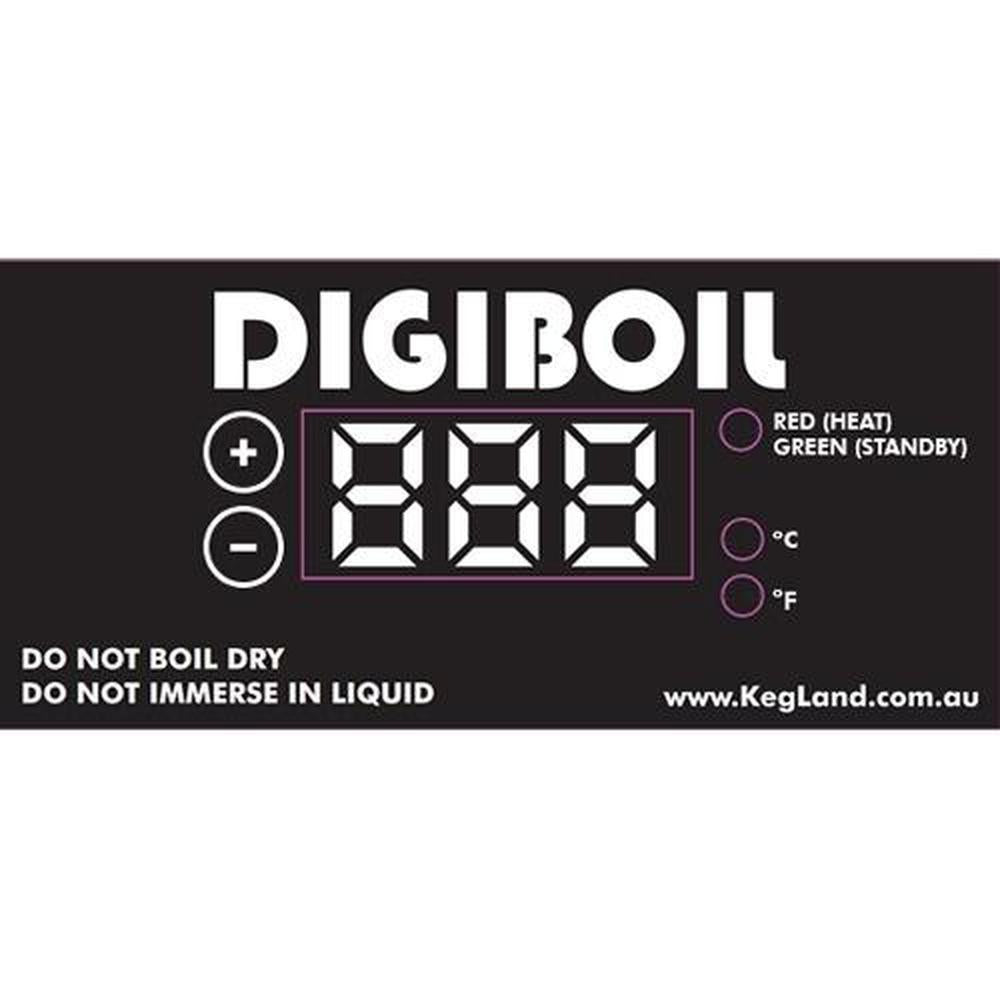 DigiBoil digital temperaturkontrollerpanel med display, pluss/minus-knapper og statusindikatorer.