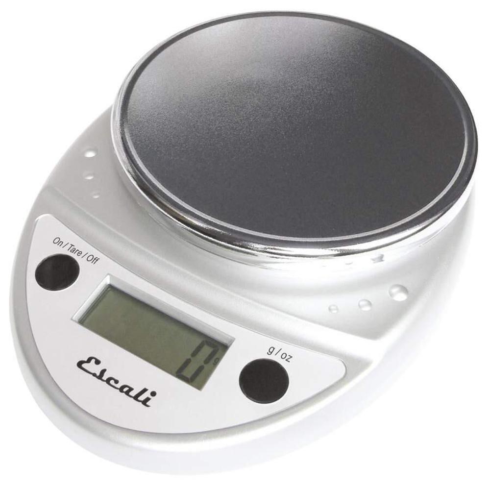 Escali Primo digital vekt 5kg/1g i sølv med metallplate, LCD-skjerm og to knapper.