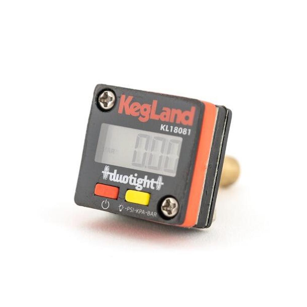 KegLand digitalt manometer med DuoTight 8mm tilkobling, svart og oransje design.