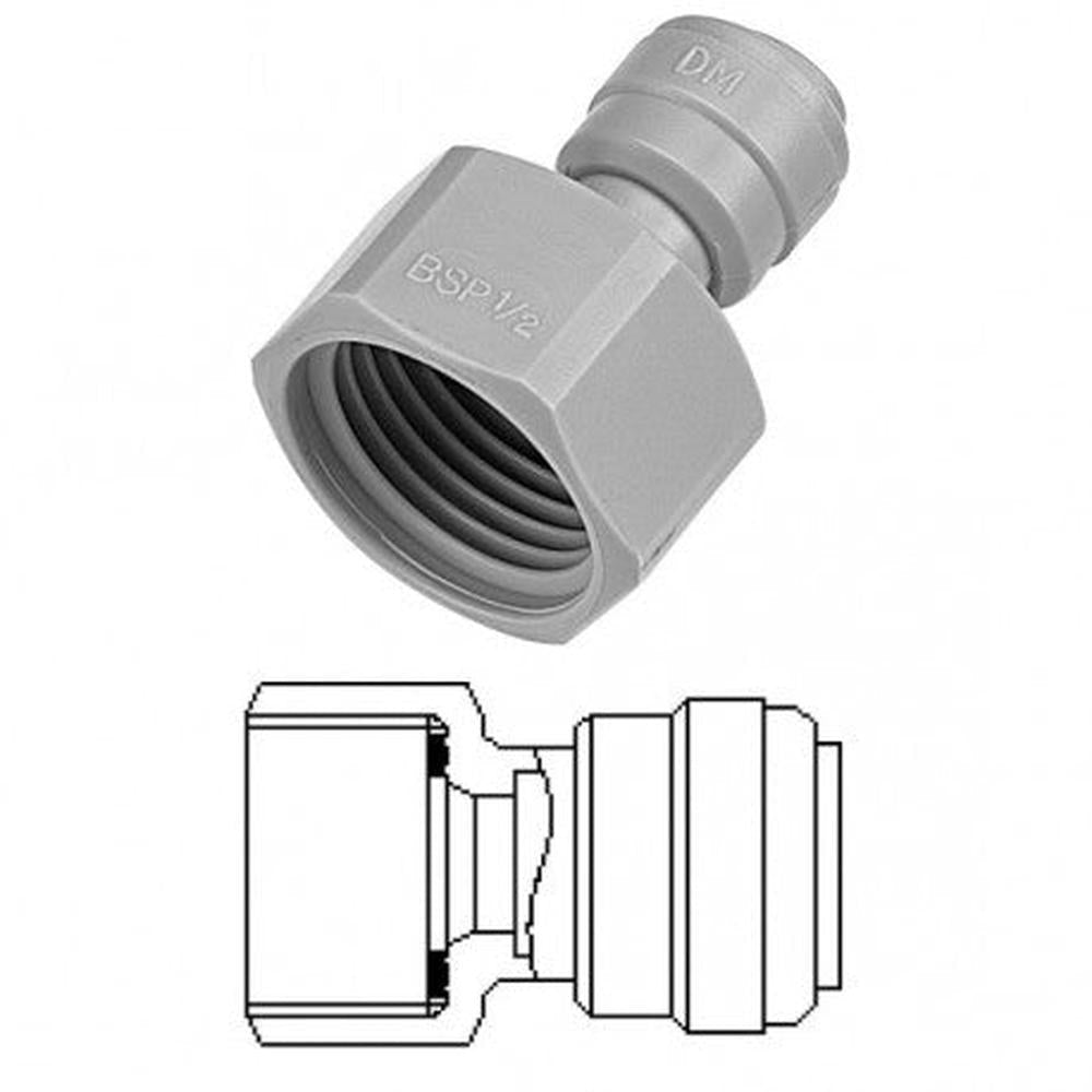DMfit grå BSP-overgang med 5/8" BSP gjenger og push-fit hurtigkobling for slange.