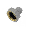 DMfit push-fit adapter i grå acetal-plast med messinggjenger for 3/4" NH-tilkobling.