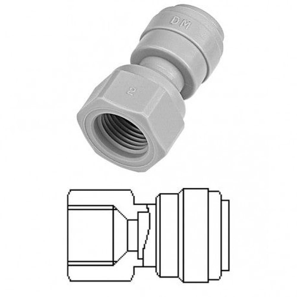 Grå DMfit overgang for 1/4" FFL til hurtigkobling for 1/4", 5/16" eller 3/8" slange.