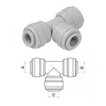 Grå DMfit T-kobling i acetal (POM) for Push Fit slanger, med verktøyfri hurtigkobling.