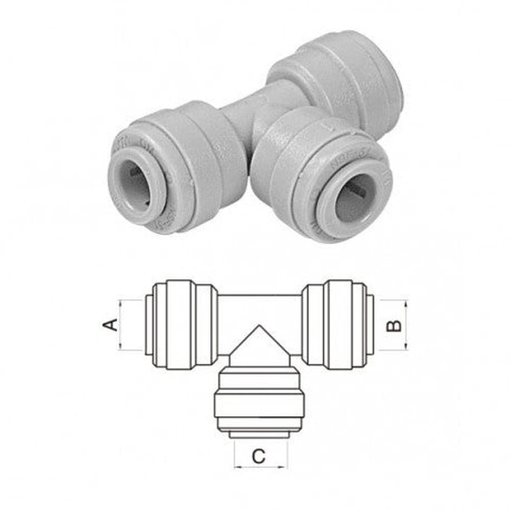Grå DMfit T-kobling i acetal (POM) for Push Fit slanger, med verktøyfri hurtigkobling.