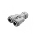Grå DMfit Y-splitter push-fit forgrener for slanger, næringsmiddelgodkjent acetal-plast.