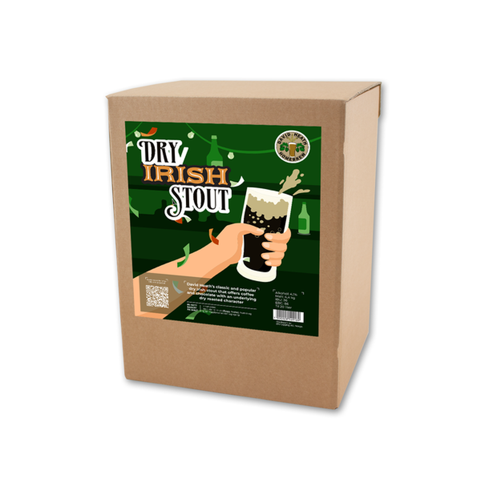 Brun pappeske med etikett for Dry Irish Stout ølsett. Etiketten viser en hånd som holder et glass mørkt øl.