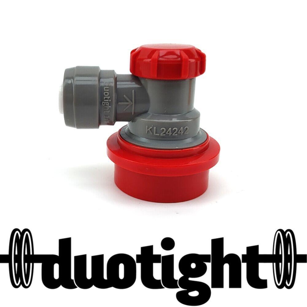 Rød Duotight 6,35mm ball lock for CO2 med hurtigkobling og 90° vinkel.