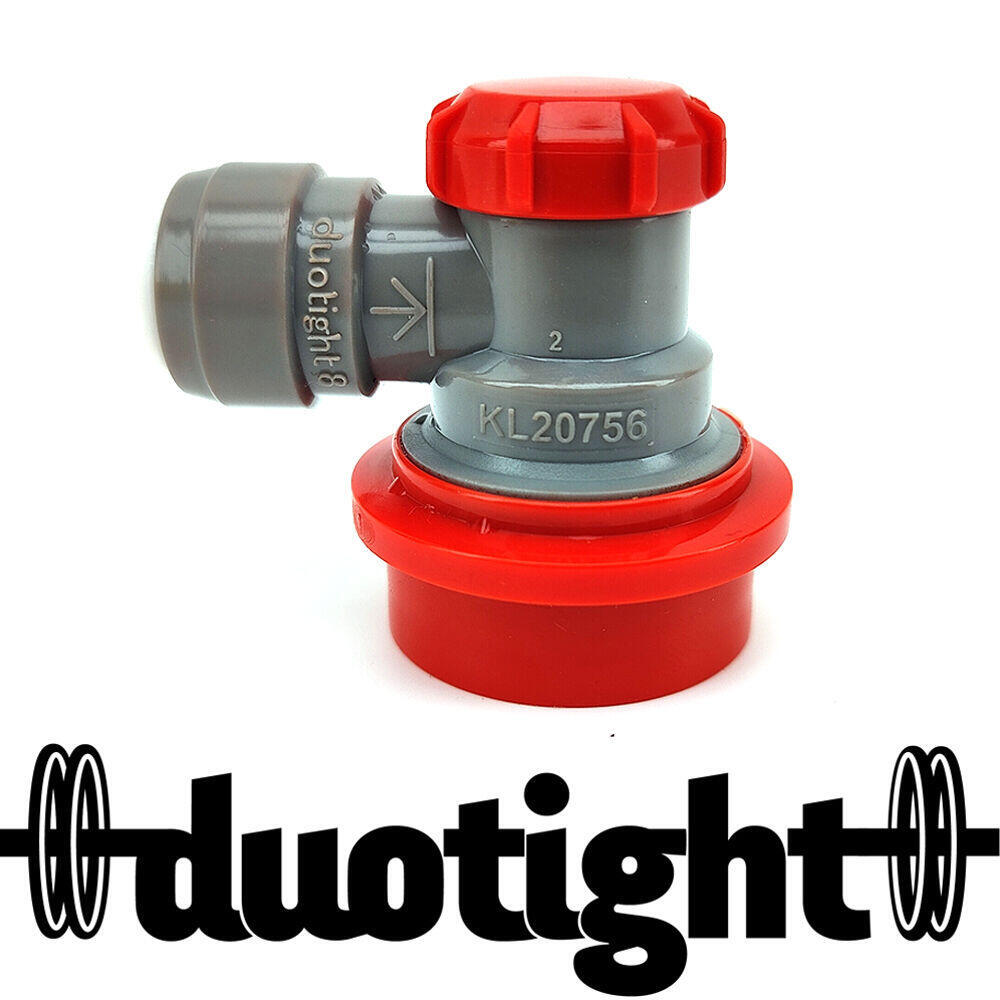 Rød Duotight 8mm ball lock for CO2 med hurtigkobling, kompakt 90° vinkel.