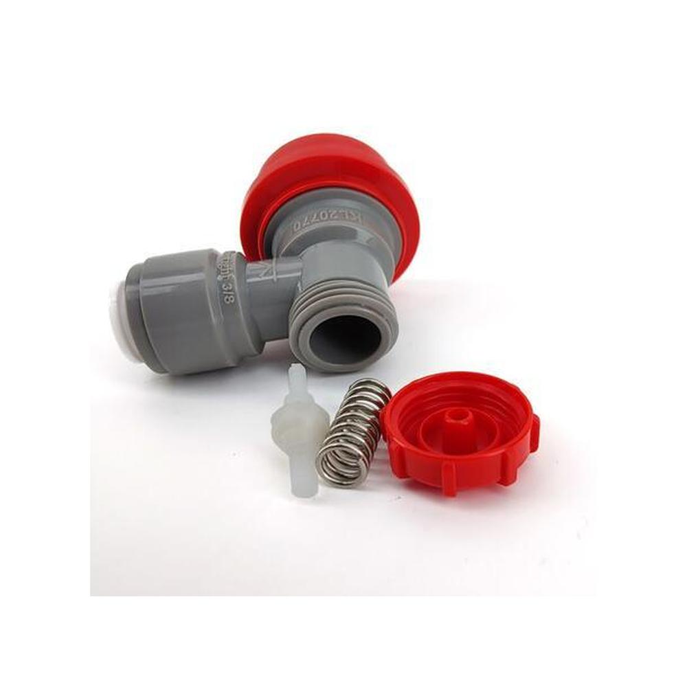 Rød Duotight 9,5mm ball lock for CO2 med hurtigkobling og tilbehør.