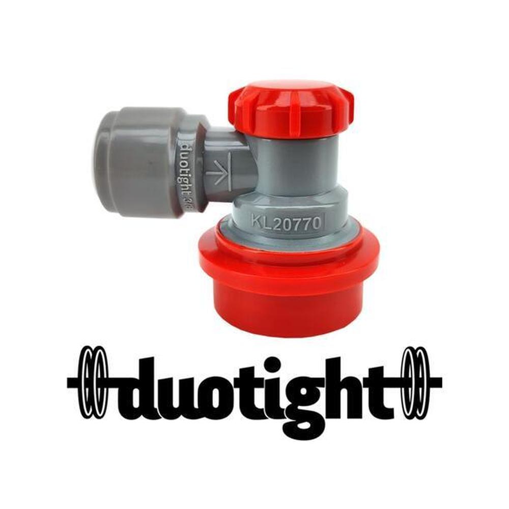 Rød Duotight 9,5mm ball lock for CO2 med hurtigkobling, kompakt 90° vinkel.
