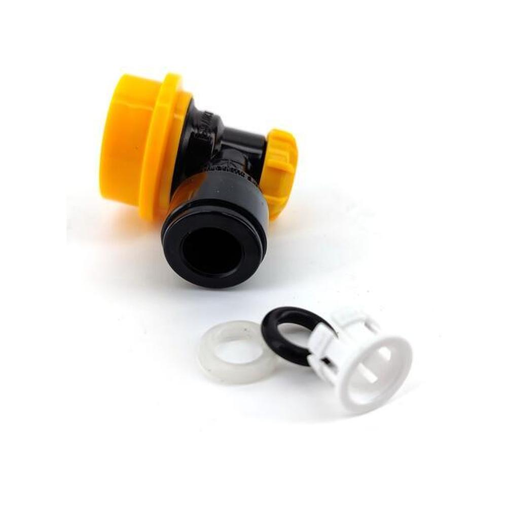 Gul Duotight 9,5mm ball lock med hurtigkobling for øl, og en hvit pakning.