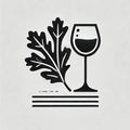 Svart-hvitt ikon av eikeblader og et vinglass med vin, symboliserer eikearoma for vin.