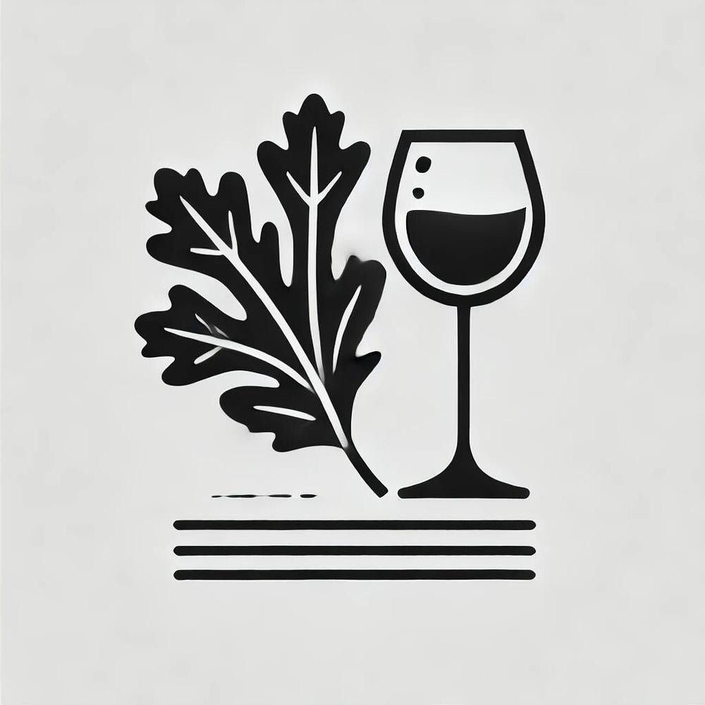 Svart-hvitt ikon av eikeblader og et vinglass med vin, symboliserer eikearoma for vin.