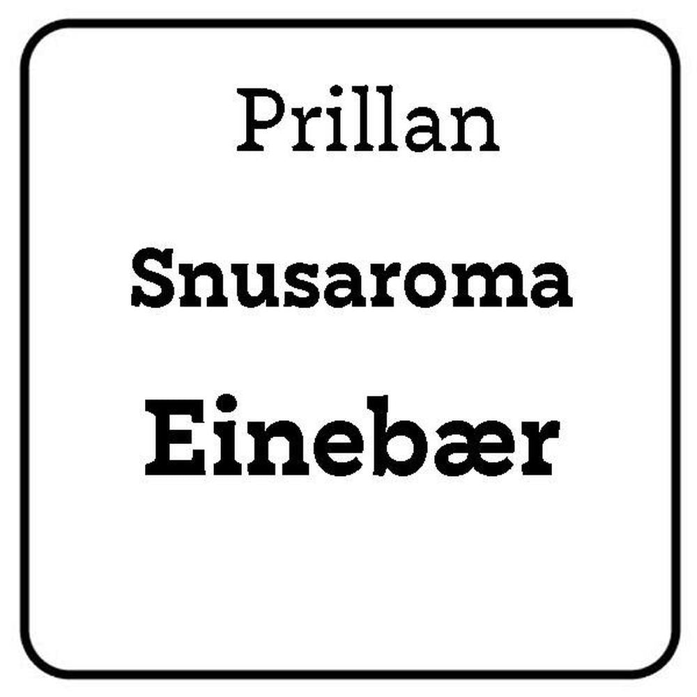 Prillan Snusaroma Einebær 25ml flaske med hvit etikett og svart tekst.