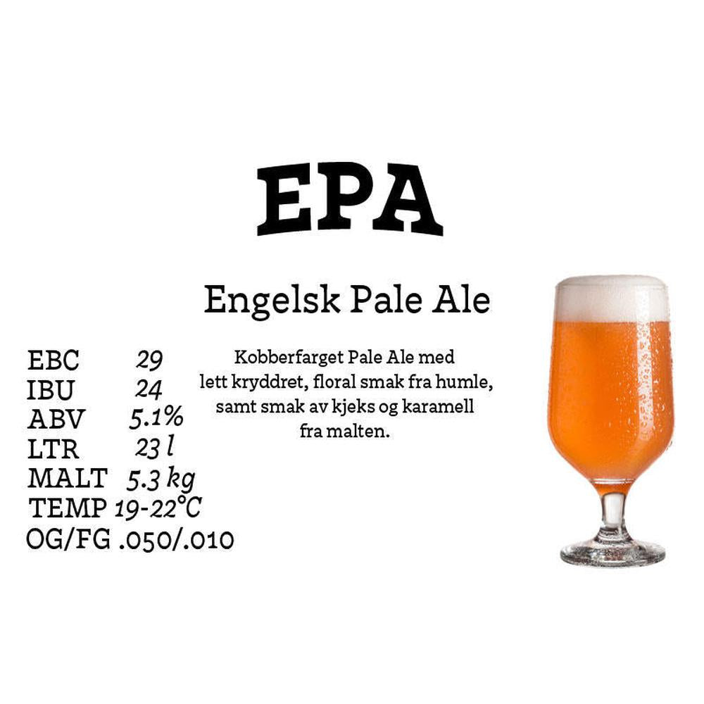 EPA Engelsk Pale Ale allgrain maltsett for 23 liter, med kobberfarget øl i glass.