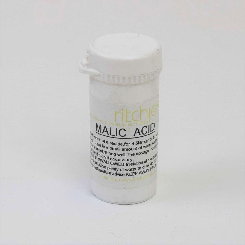 Hvit plastbeholder med Ritchie Malic Acid for vin- og ølbrygging, 50g.