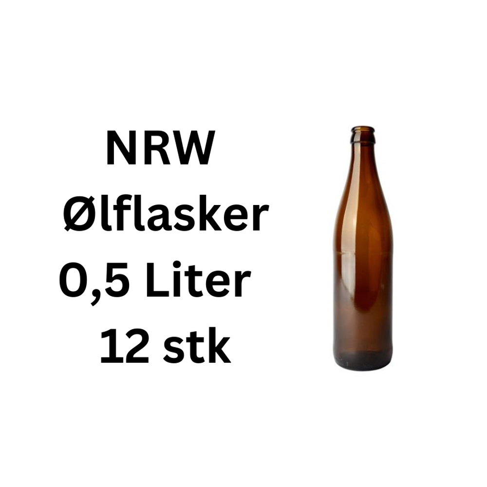 En brun 0,5 liters NRW ølflaske, 12 stk i eske – hjemmebrygg