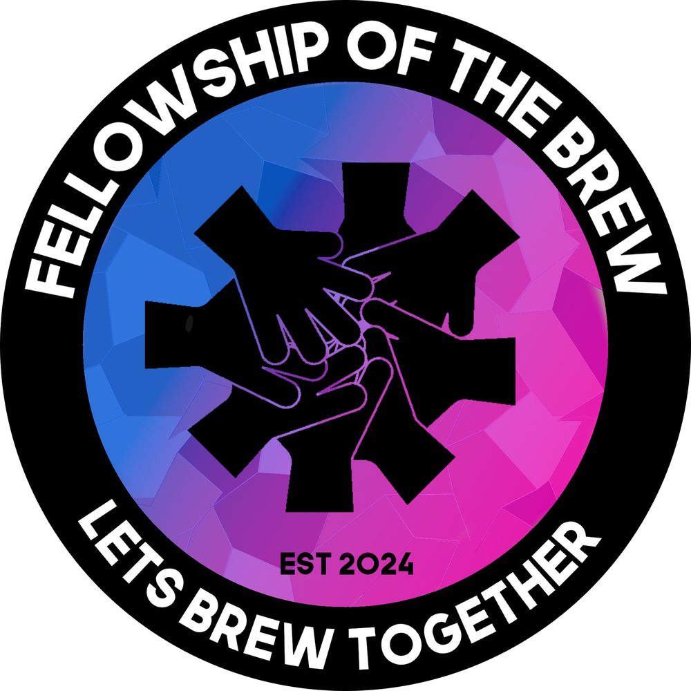 Fellowship of the Brew logo med hender som møtes, blå og lilla bakgrunn.