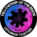 Fellowship of the Brew logo med hender som møtes, blå og lilla bakgrunn.