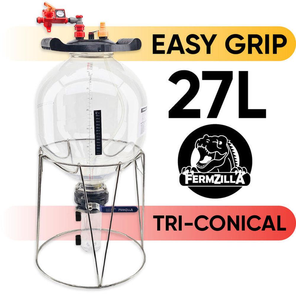 FermZilla 27L Tri-conical gjæringstank med EasyGrip lokk og stativ.