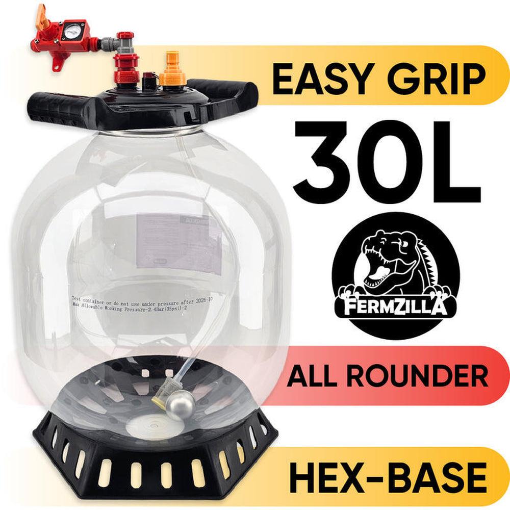 FermZilla 30L All Rounder PET-fermenter med Easy-Grip lokk og Hex-Base.