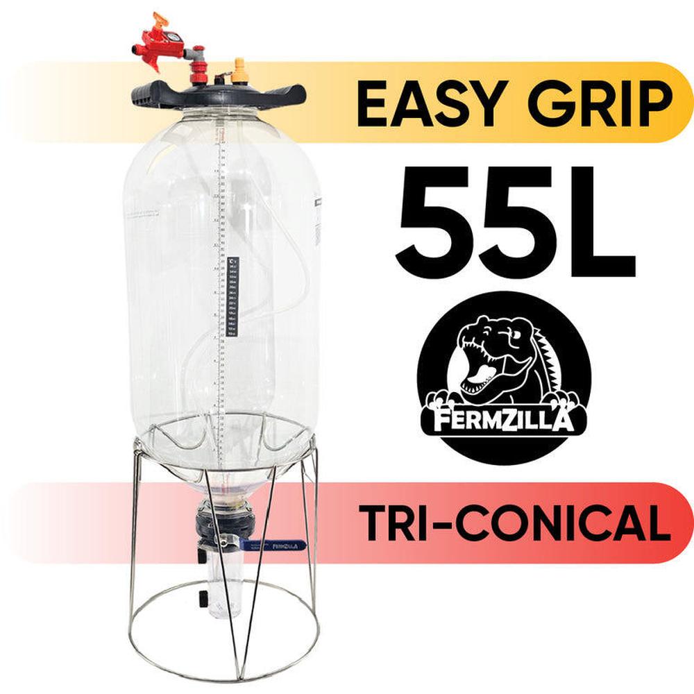 FermZilla 55L Tri-conical gjæringstank med EasyGrip lokk og stativ for trykksatt brygging.