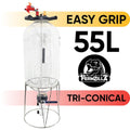 FermZilla 55L Tri-conical gjæringstank med EasyGrip lokk og stativ for trykksatt brygging.