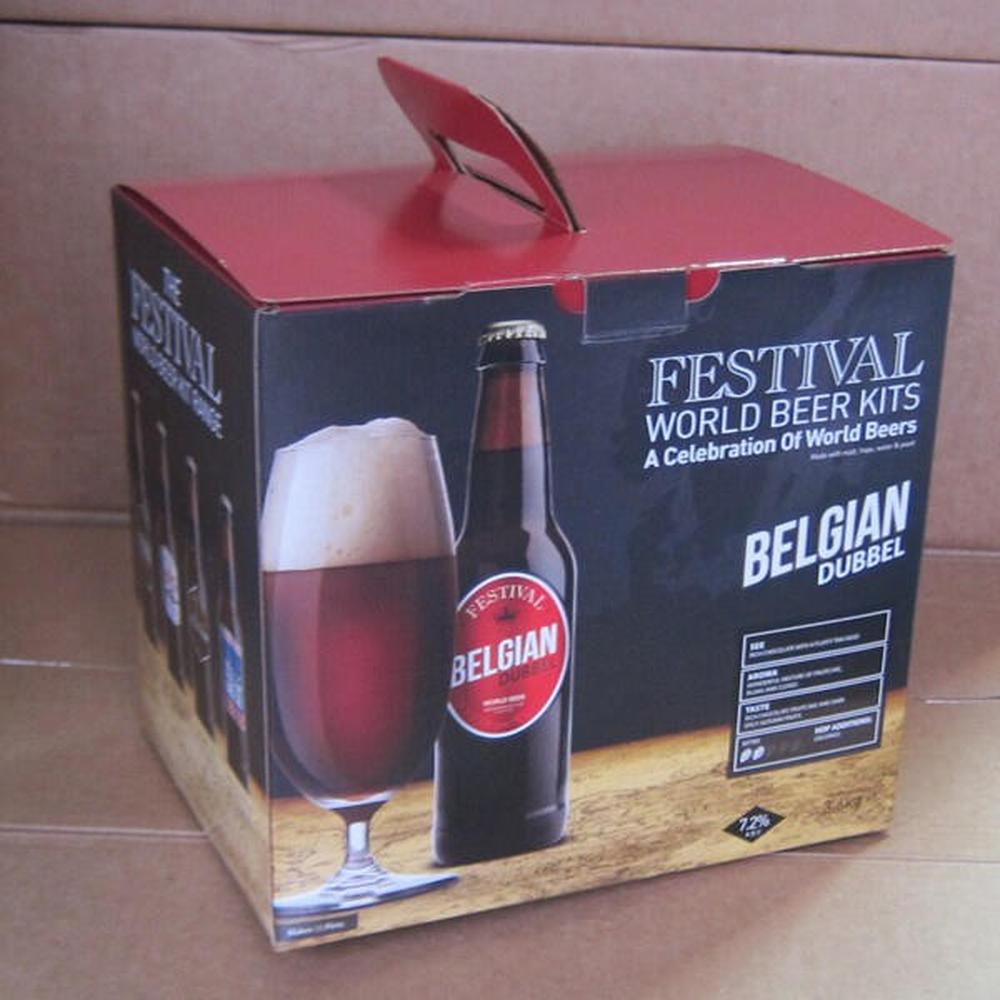 Festival World Belgian Dubbel ølsett 3,6 kg, rød og svart eske med bilde av ølglass og flaske.