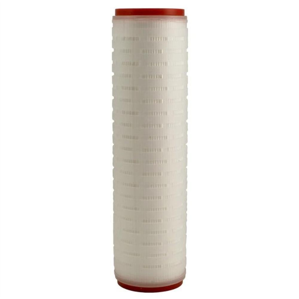 Hvit 1 mikron vaskbart filter, 25 cm, med rød topp og bunn for ølfiltrering.