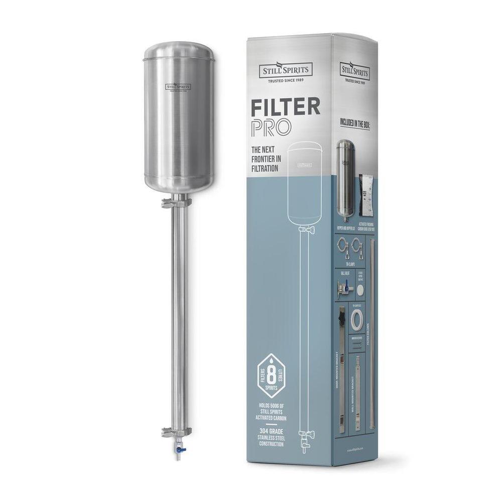 Still Spirits Filter Pro i rustfritt stål med tri-clamp og eske.