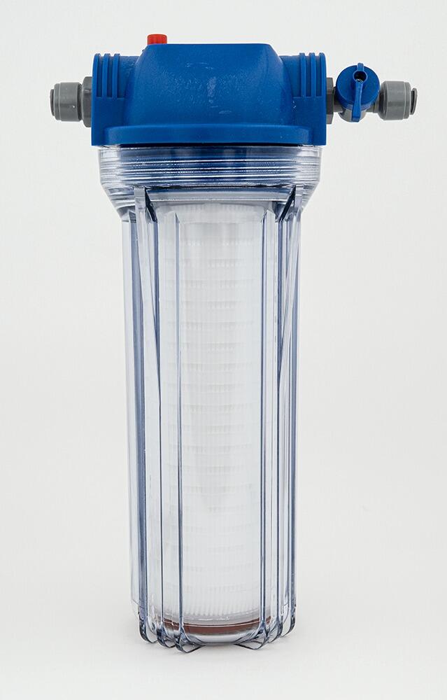 Blått og klart ølfiltersystem med 1 mikron filter for klaring av øl, 25cm høyde.